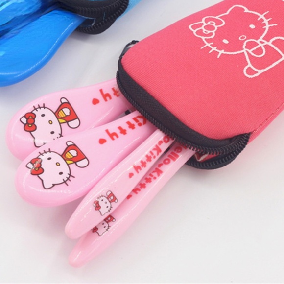 5 pcs Hello Kitty Lunch Utensils Chopsticks Fork Spoon Set Case Travel Bag Pouch - Picture 4 of 6